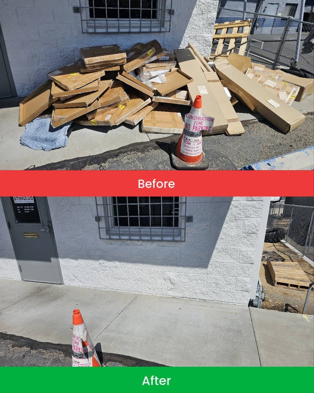 Before-and-after comparison shows a pile of cardboard and pallets cleaned up from a concrete area beside a building.