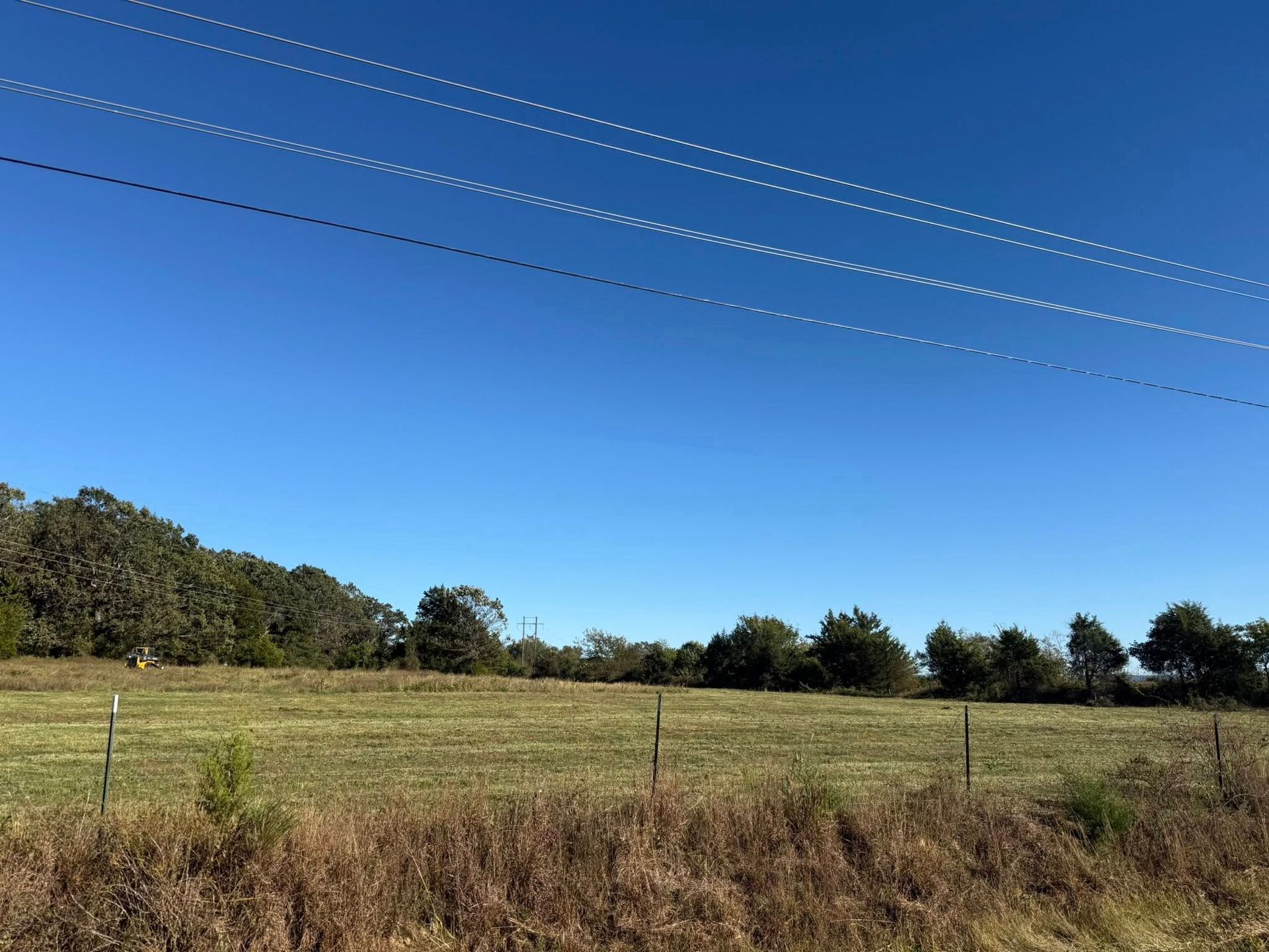 Green field with trees and power lines against a clear blue sky.