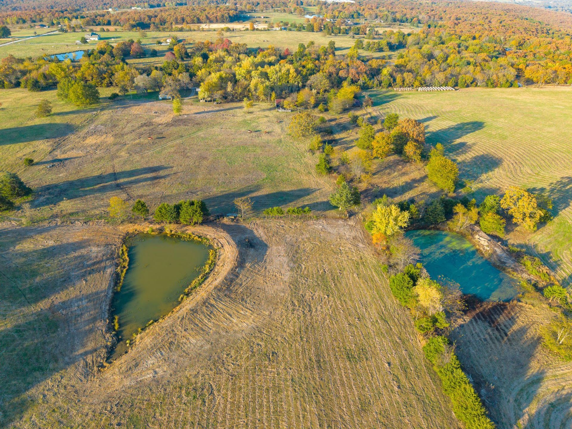 Aerial view of a rural landscape with two ponds and trees, a field, and sunlight.