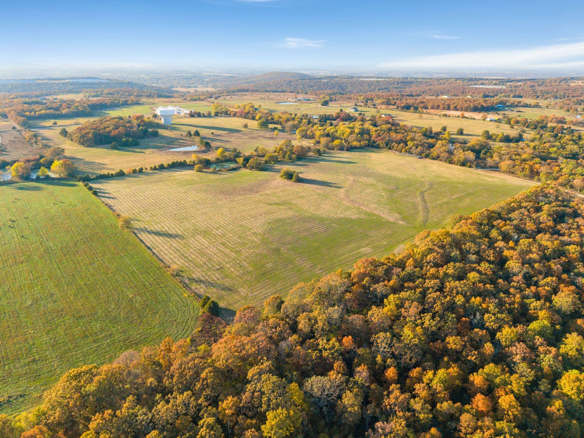 Aerial view of a rural landscape with fields, forests, and a bright blue sky.