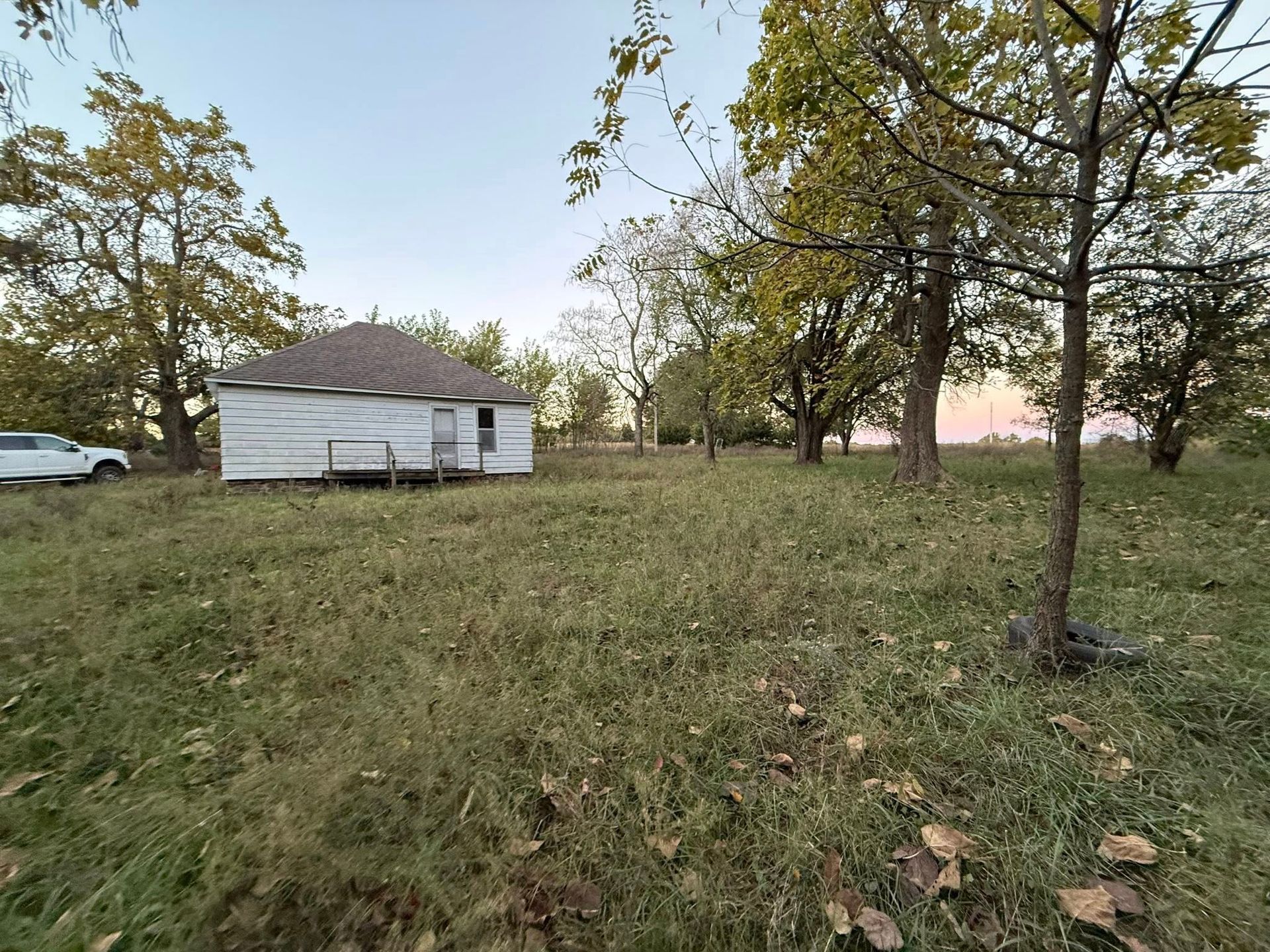 A small, weathered house sits in a grassy field, surrounded by trees under a pale sky.