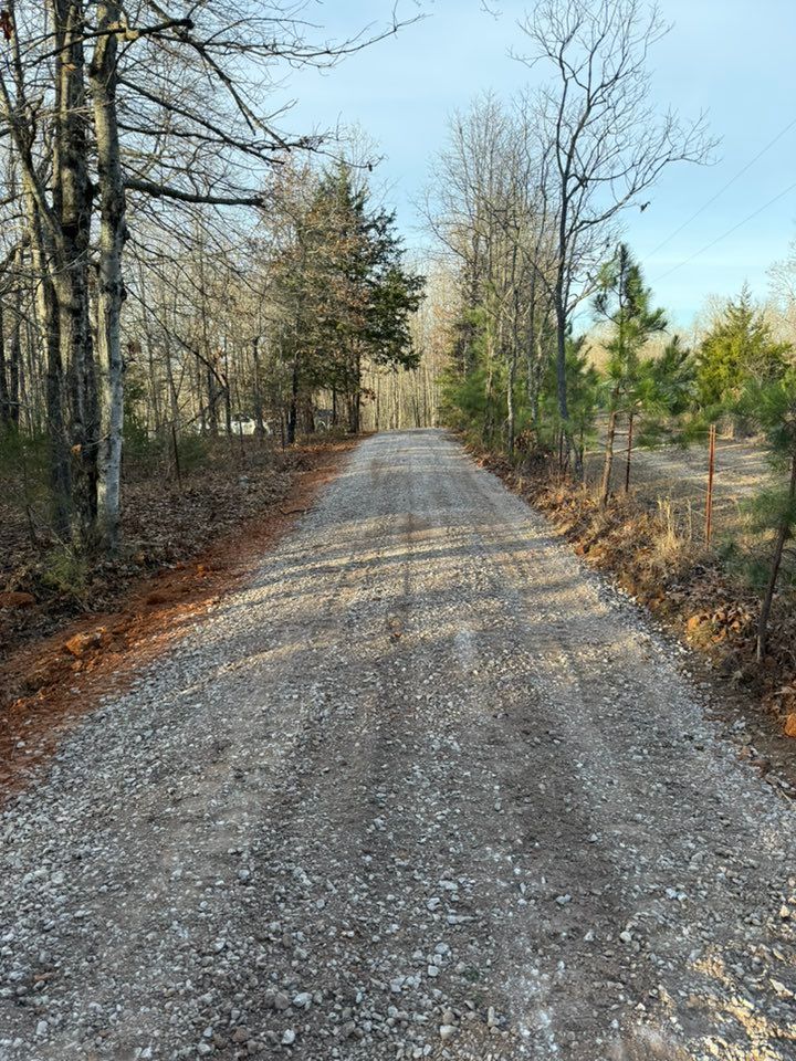 Gravel road through a forest with bare trees, leading towards the horizon under a pale blue sky.