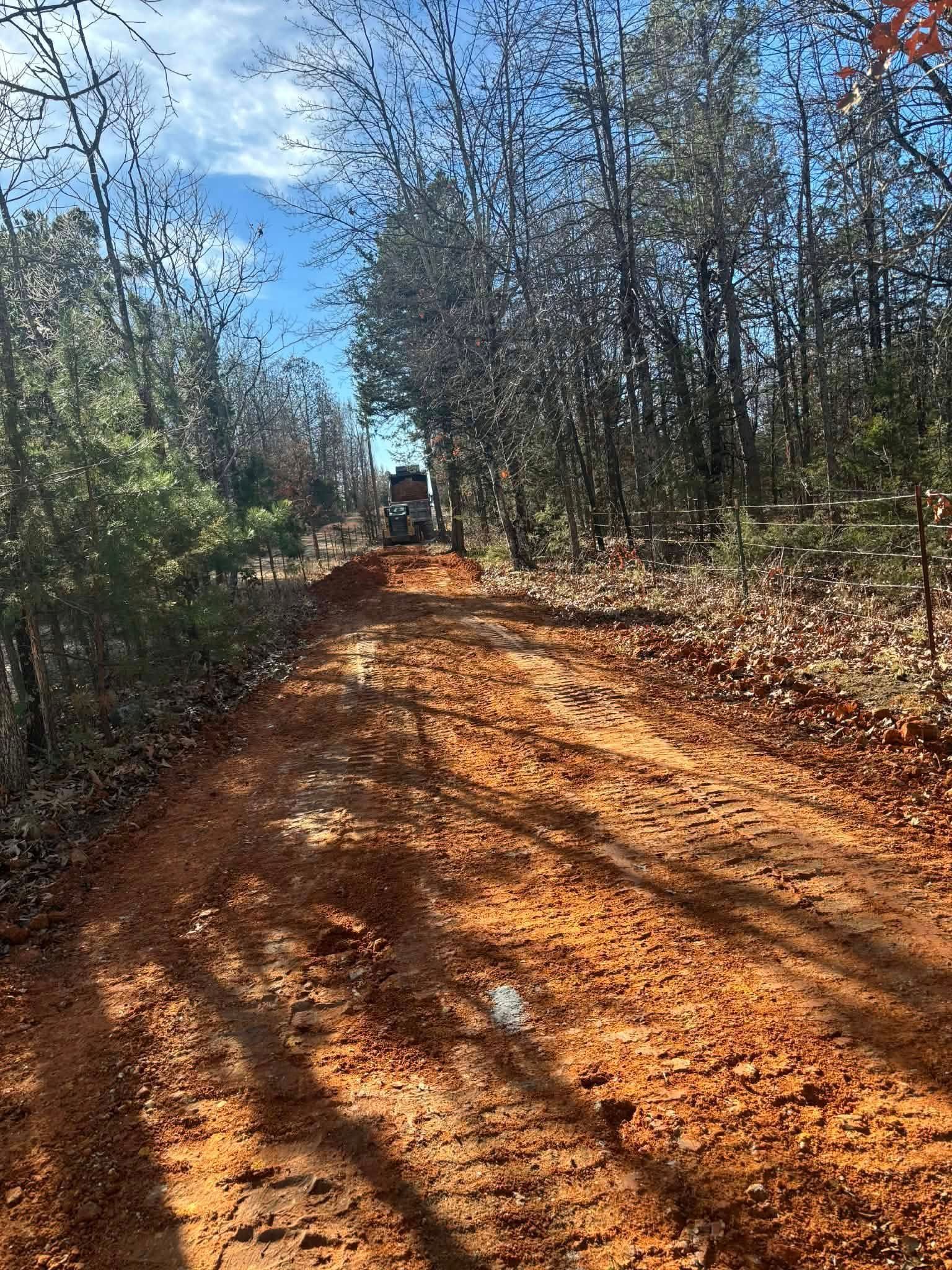 Dirt road through trees, with vehicle in the distance. Overcast sky.