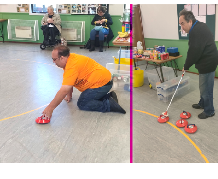 Montage of two photos: Male FNC members in main hall play indoor curling using orange coloured and weighted 'indoor curling stones' .