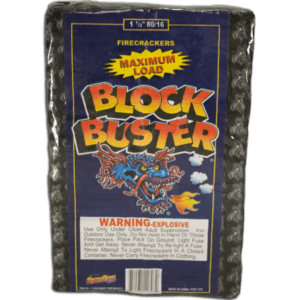 A package of block buster firecrackers with a warning label
