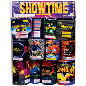A display of fireworks called showtime assortment
