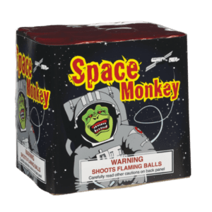 A box of space monkey fireworks with a monkey on it