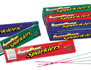 Several boxes of sparklers are stacked on top of each other