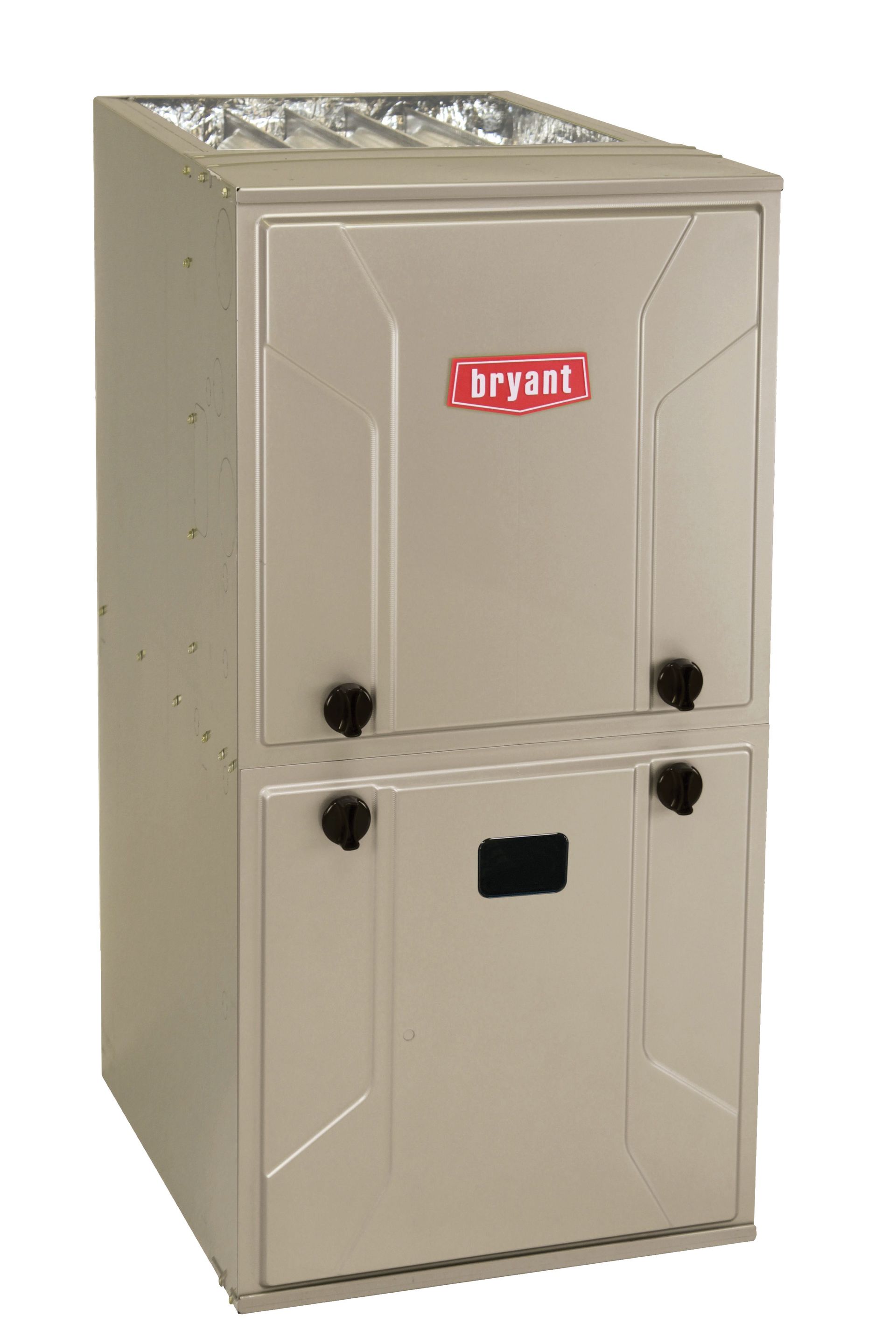 Tan Bryant furnace with top and bottom sections and air vents.