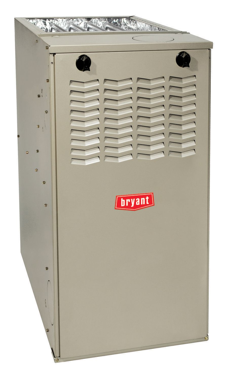A tan Bryant gas furnace with vents and two black knobs.
