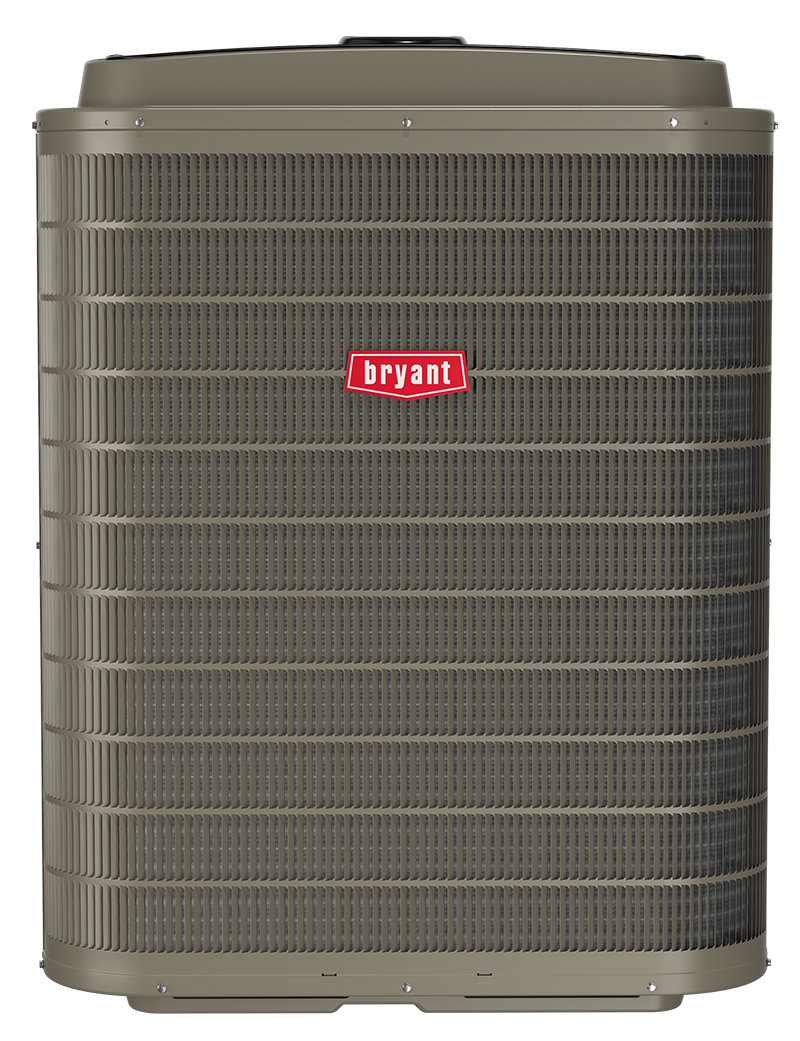 Bryant air conditioning unit, gray metal exterior with red Bryant logo.