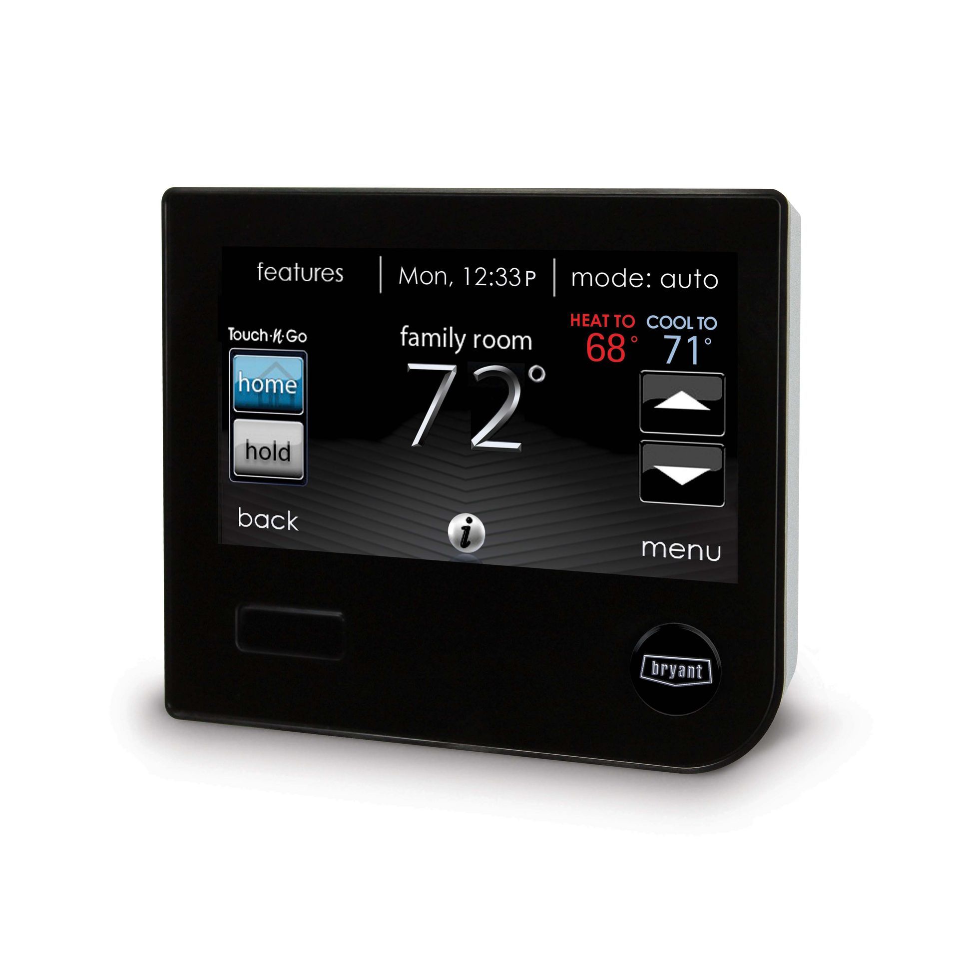 Black thermostat with touchscreen displaying room temperature as 72 degrees.