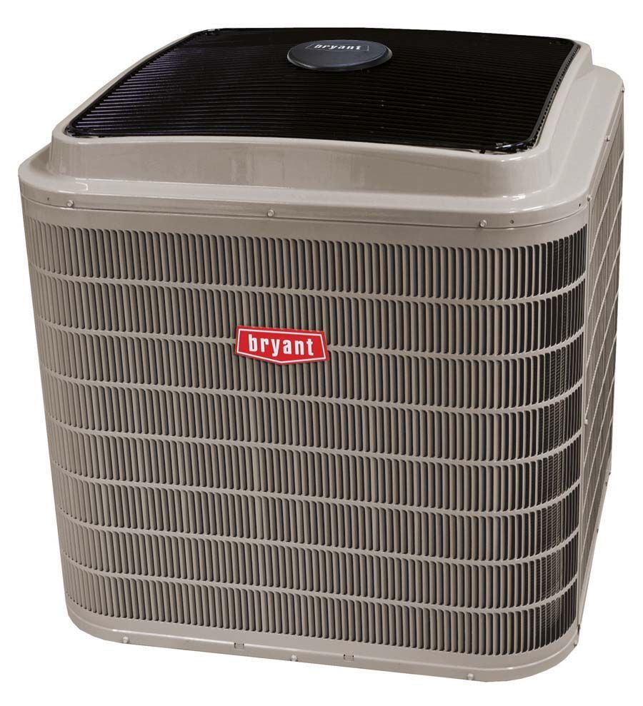 Bryant air conditioner, tan and gray exterior, black top with fan, red Bryant logo.