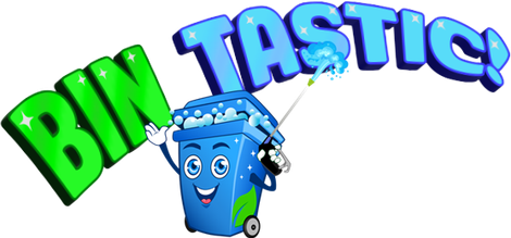 Blue trash bin with a smiling face holding the word