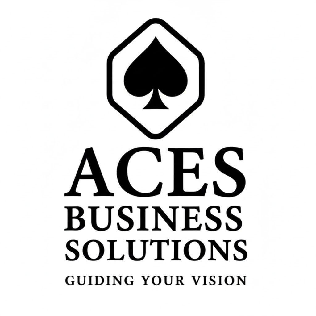 Logo for Aces Business Solutions: Black spade icon inside a hexagon, with