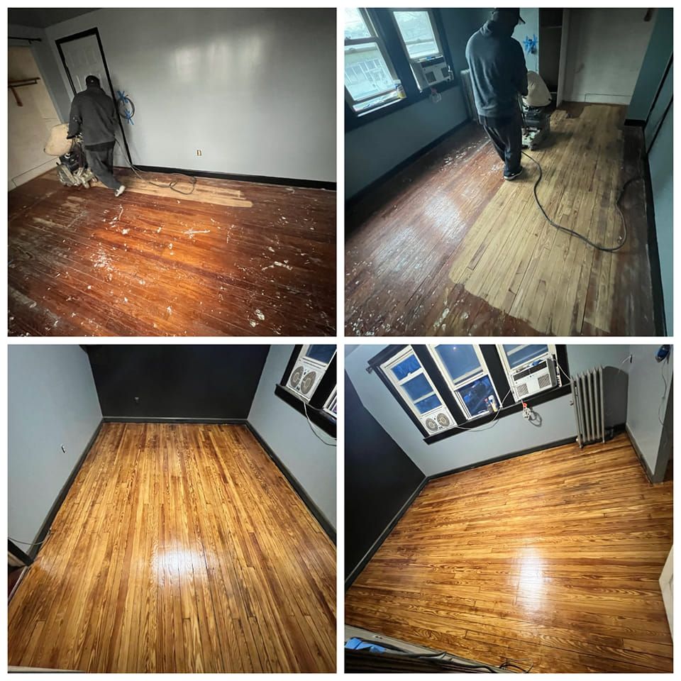 Four-panel sequence: hardwood floor refinishing. Worker sanding floor, then stained and glossy finish.