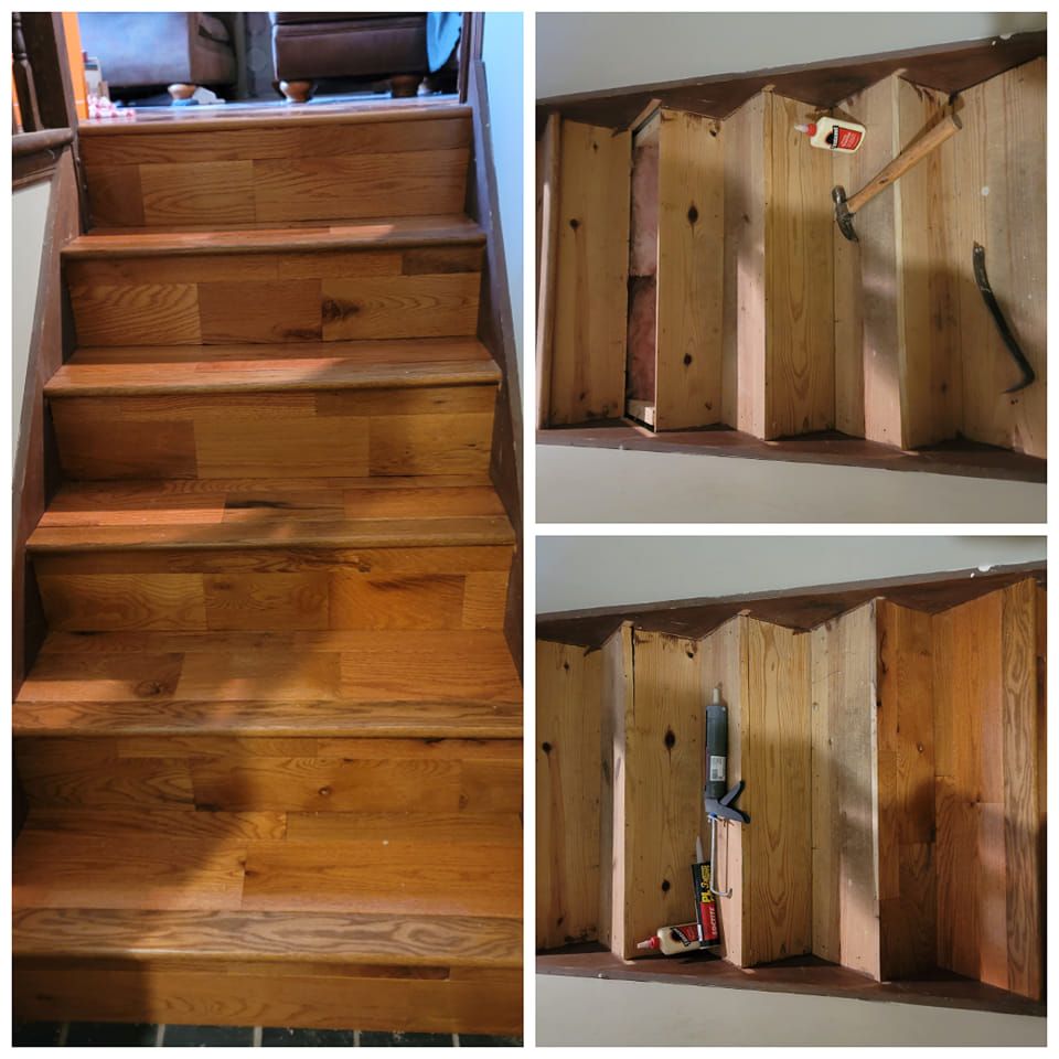 Wooden staircase with visible construction inside the side walls. Hammer and other tools are in the openings.