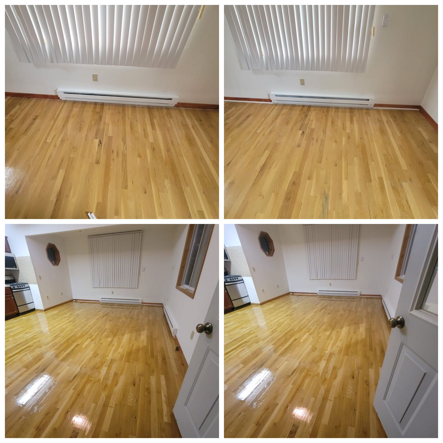 Four photos of a room with wood floors, blinds, and a white heater below a window.