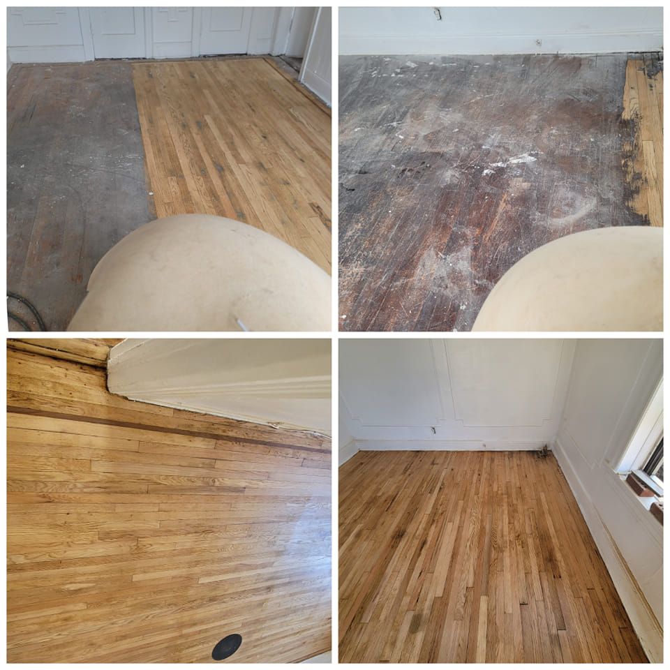 Four images show wood floor restoration. The top left shows sanding, top right shows damaged floor. Bottom left and right show the finished product.