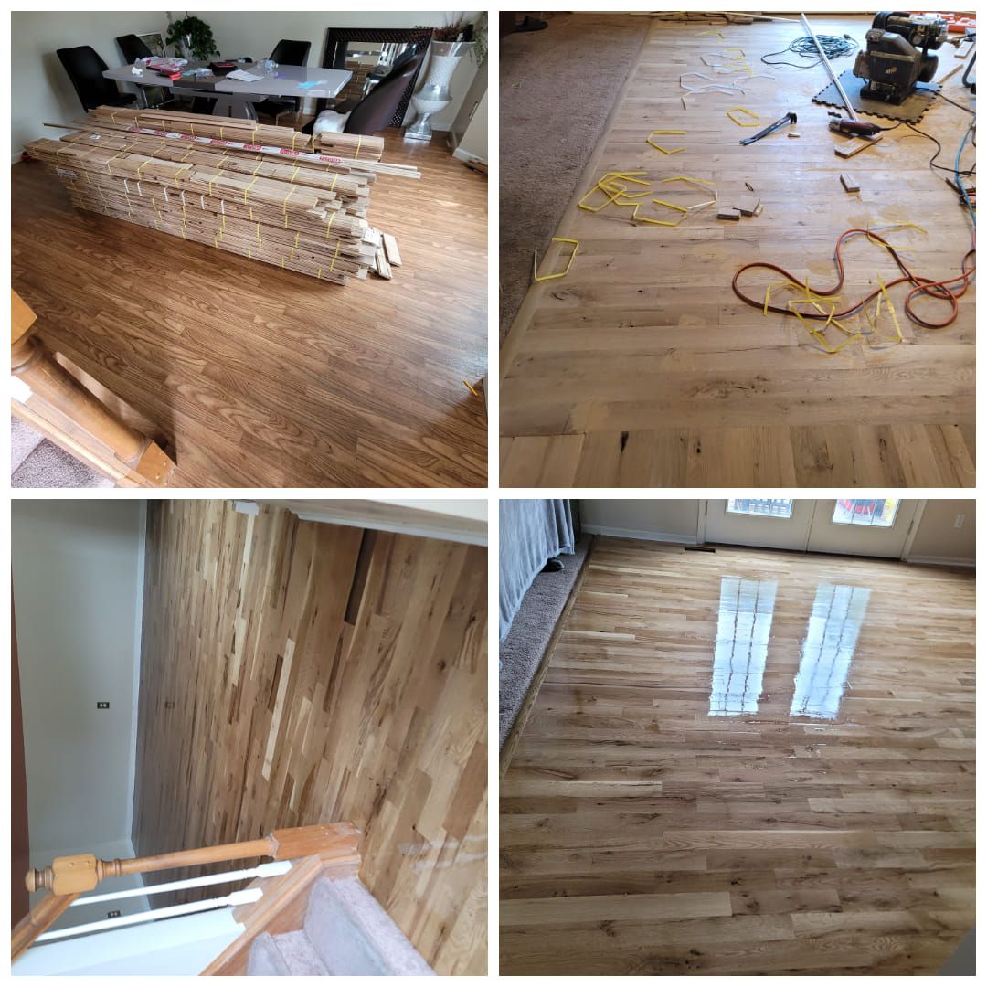 Flooring renovation: New wood flooring installed in a home, showing the installation process and final result.
