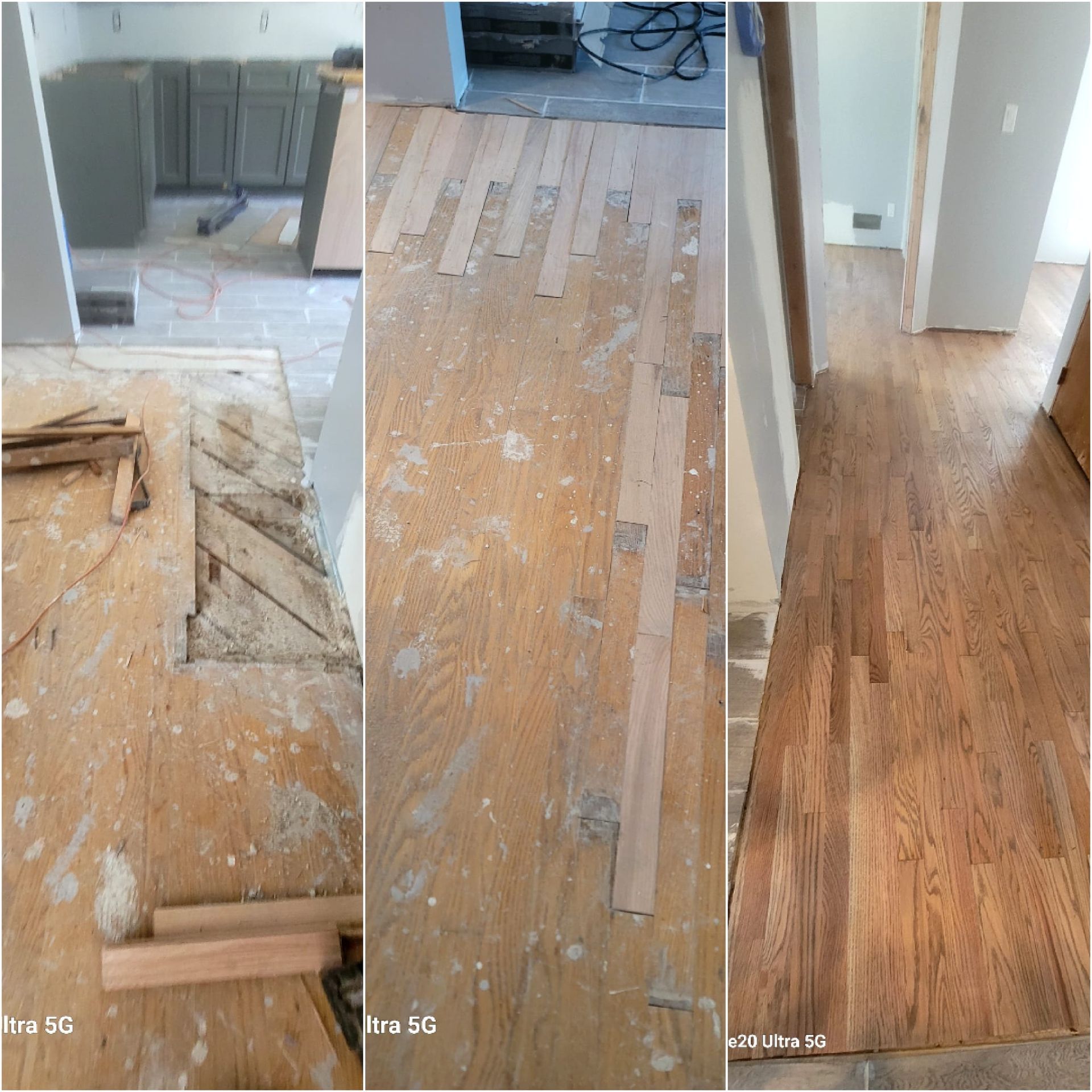 Three-panel comparison shows hardwood floor renovation. Stages: removal, partial install, and stained finish.
