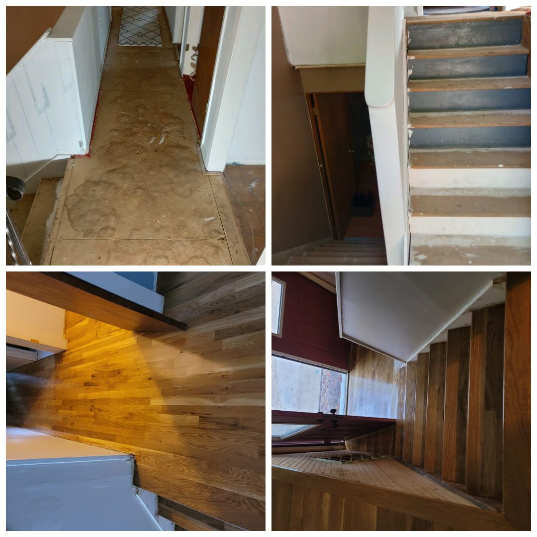 Renovated hallway and staircase with wooden flooring. Top left: hallway with worn flooring. Top right: stairs, bottom left: top of stairs, bottom right: looking down the stairs.