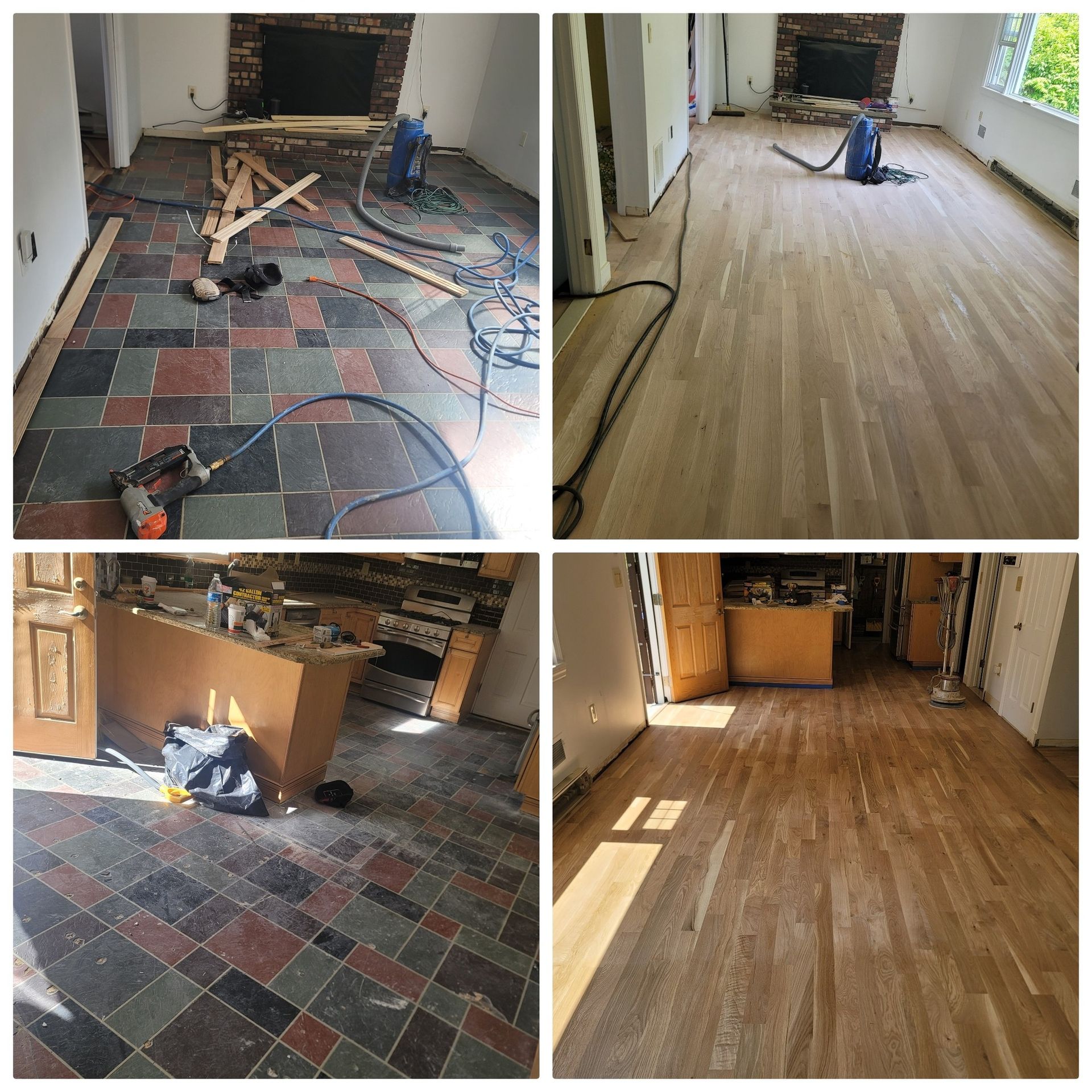 Four-panel comparison: floor replacement from old tile to sanded hardwood, showing demolition and finishing.