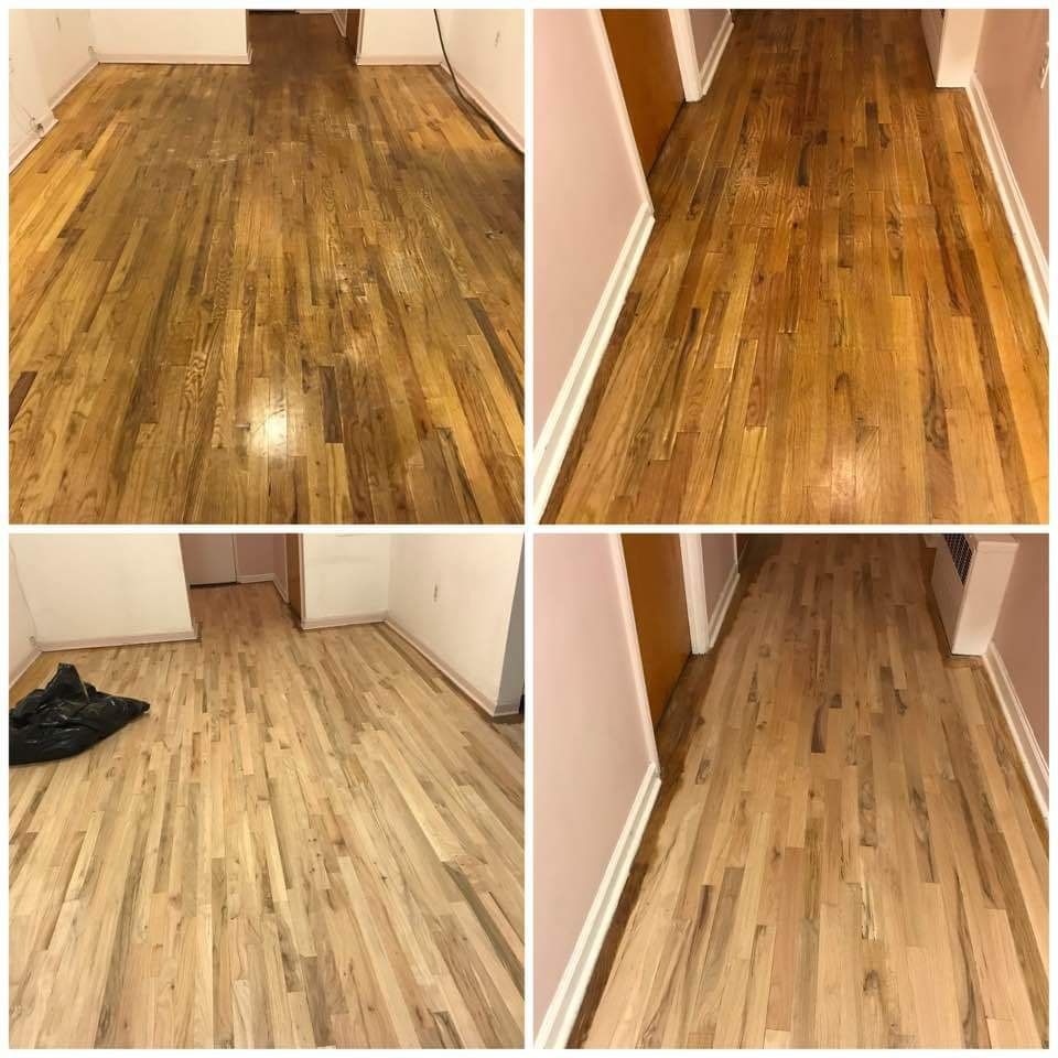 Four images of hardwood floors; two before sanding and two after, showing a lighter color.
