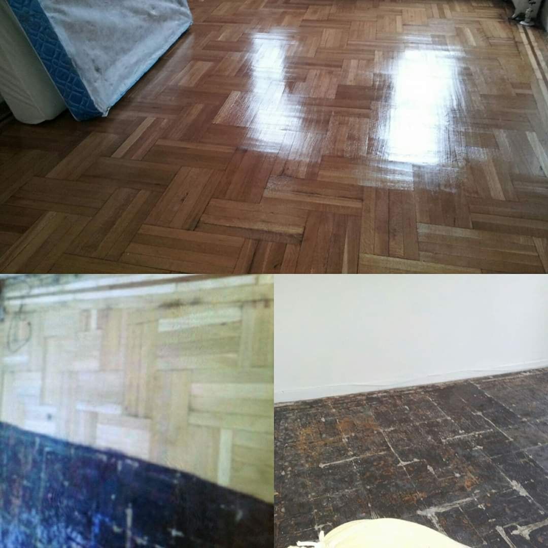 Parquet wood flooring, top photo is polished, bottom three show aged floors.