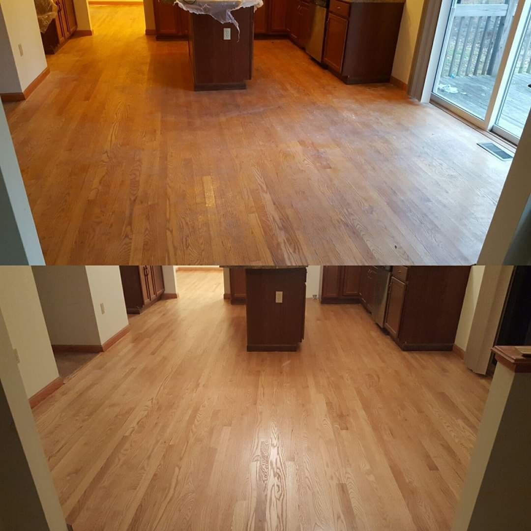 Top-down view of before-and-after hardwood floor restoration. Light brown floors are brighter and refreshed in the 
