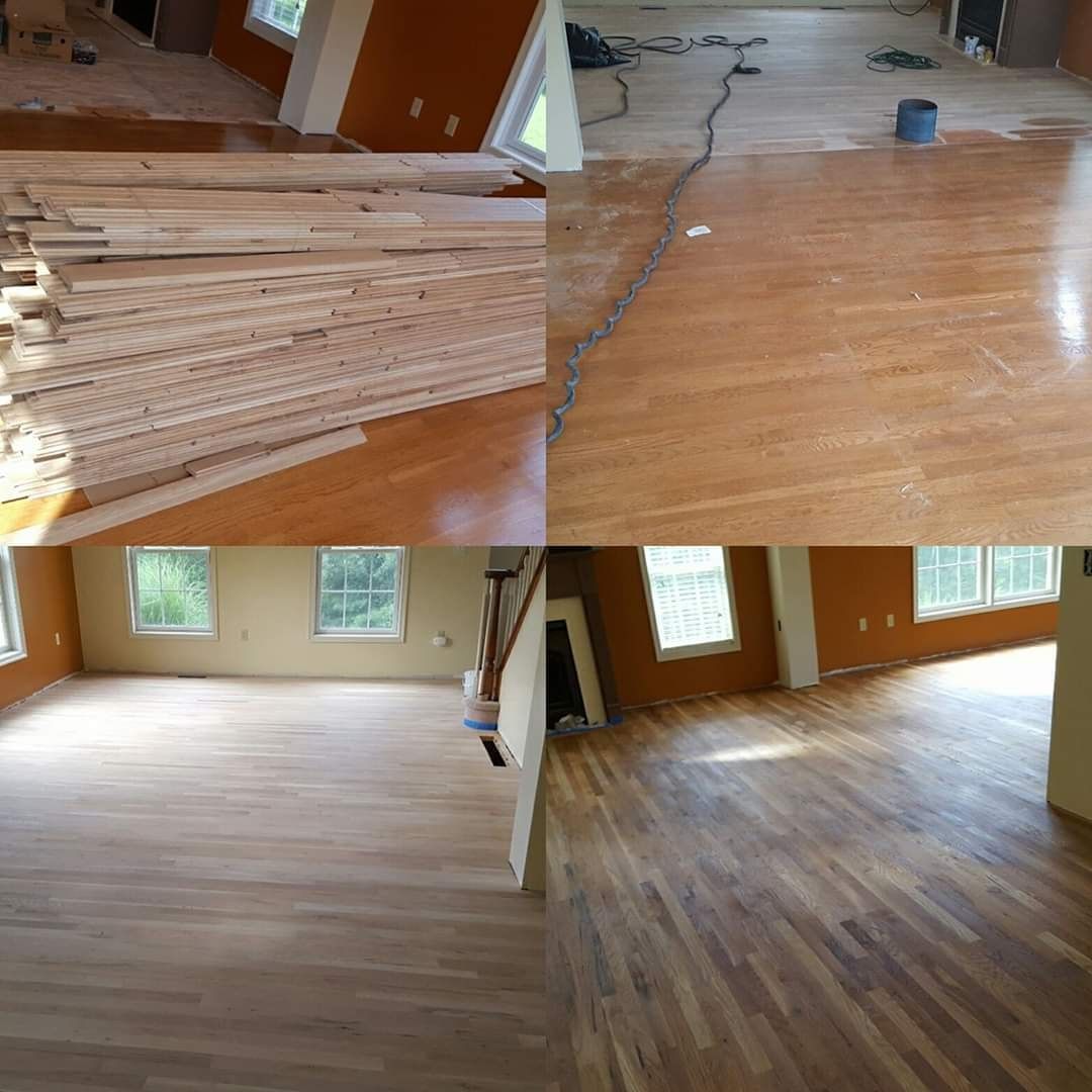Wood floor installation process: New planks, sanding, and finished floor with orange walls.