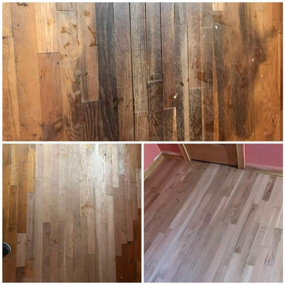 Three images of hardwood floors: before, sanded, and finished. The floors are various shades of brown.