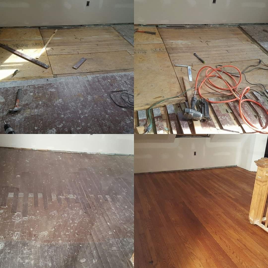 Four-panel sequence: Removing old floor, tools and wires, exposed subfloor, finished refinished wooden floor.