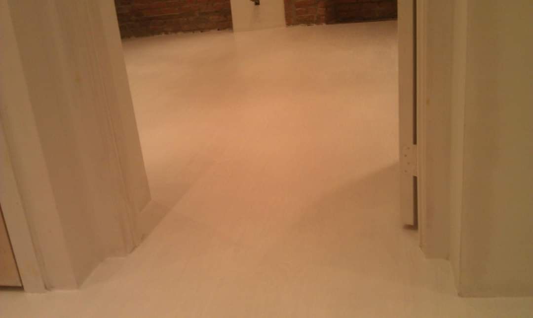 A doorway leads to a light-colored room with a brick wall in the background.