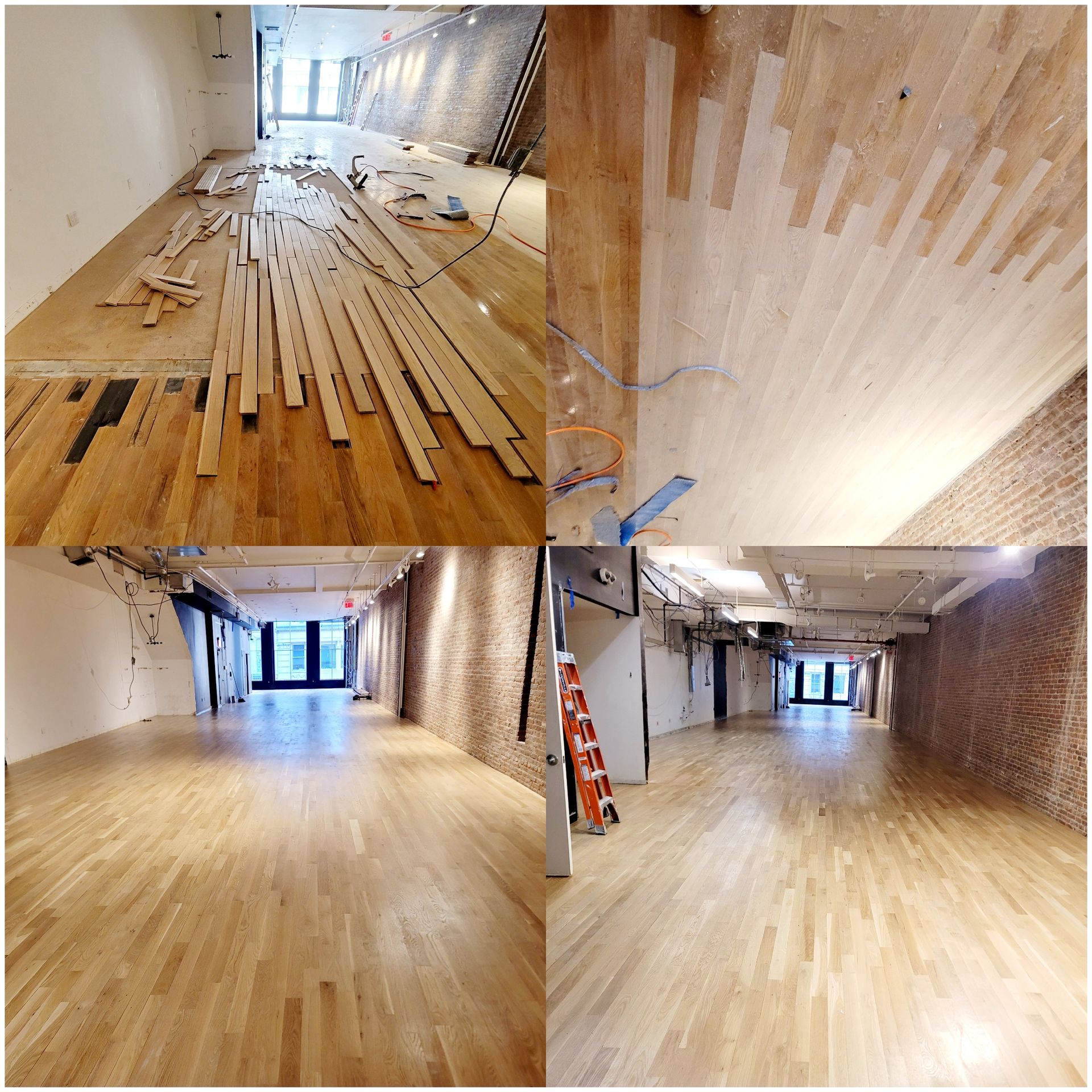 Four views of wood floor installation in a room with exposed brick walls. Floors are being installed and are complete in the final two images.