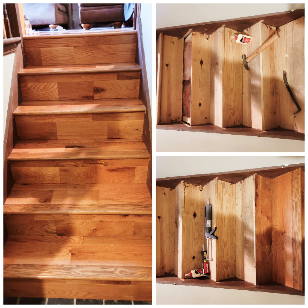 Wooden staircase, complete and under construction. Tools and framing are visible under the steps.