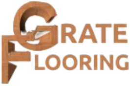 Logo for "GRATE FLOORING" in brick-textured letters. The G and F are interlocked and larger.