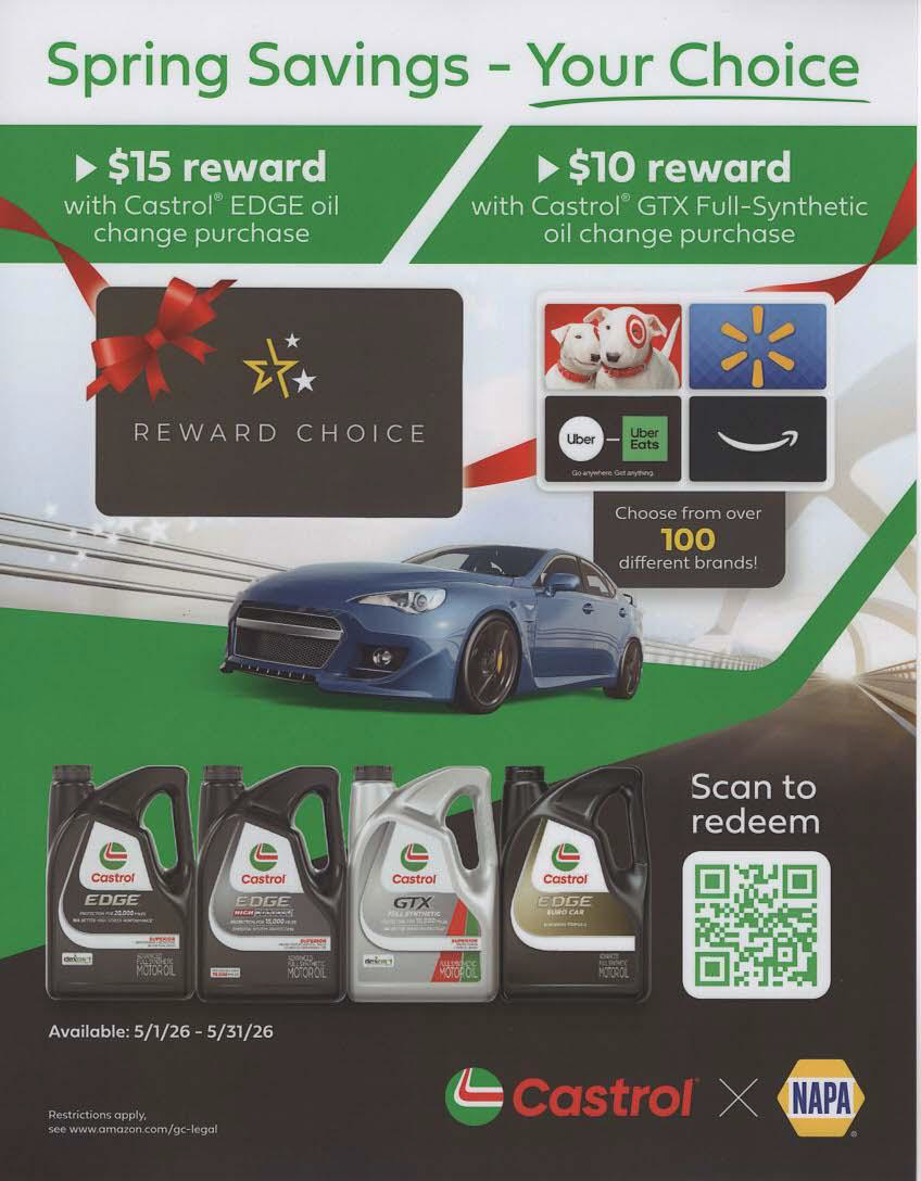 Castrol spring savings promo poster with blue car, reward offers, oil products, and QR code. | Camirands Car Care