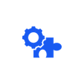 Blue gear and puzzle piece icon on a white background