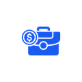 Blue briefcase with a dollar coin icon, suggesting finance or business savings.