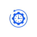 Blue clock inside a gear with a circular arrow, symbolizing time or refresh
