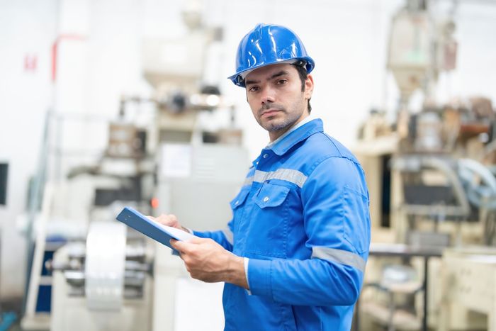 Factory worker in blue hard hat holding a clipboard in an industrial facility
