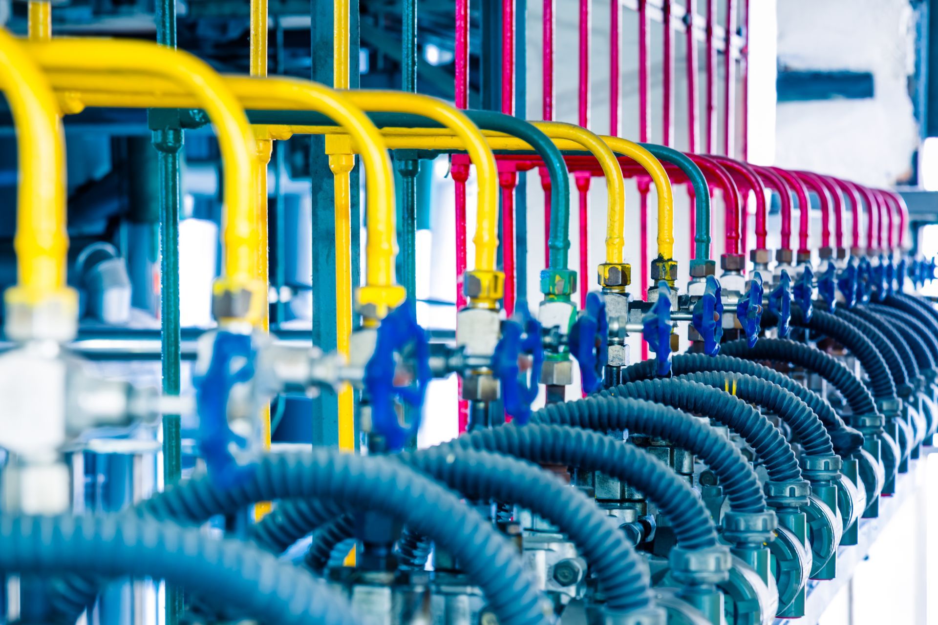 Row of colorful industrial pipes and hoses in a factory setting