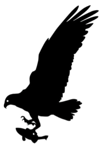 A silhouette of an eagle flying with a fish in its beak.