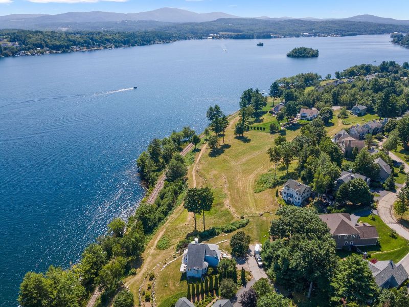 An aerial view of a lake surrounded by houses and trees