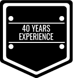 A black and white badge with the words `` 40 years experience '' written on it.