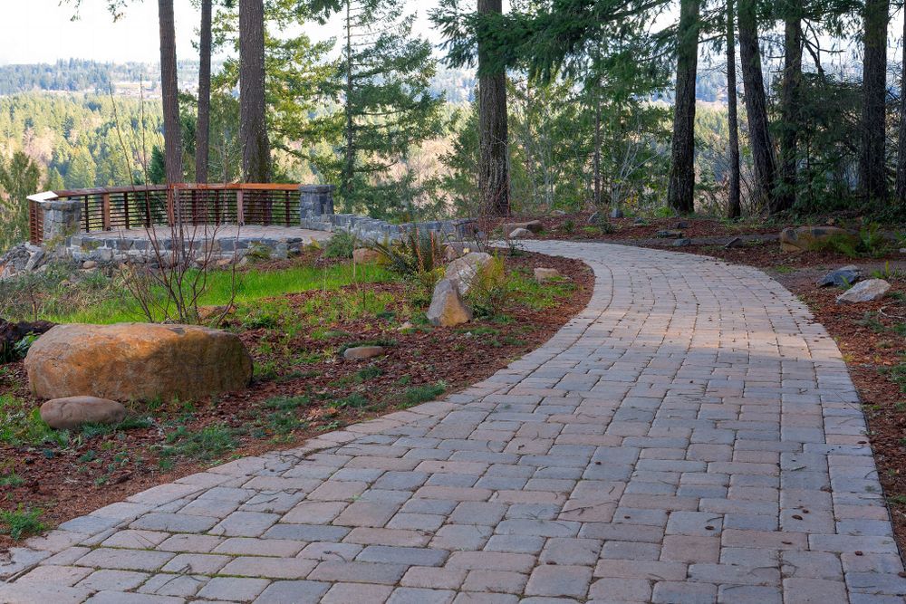 A brick walkway in the middle of a forest.
