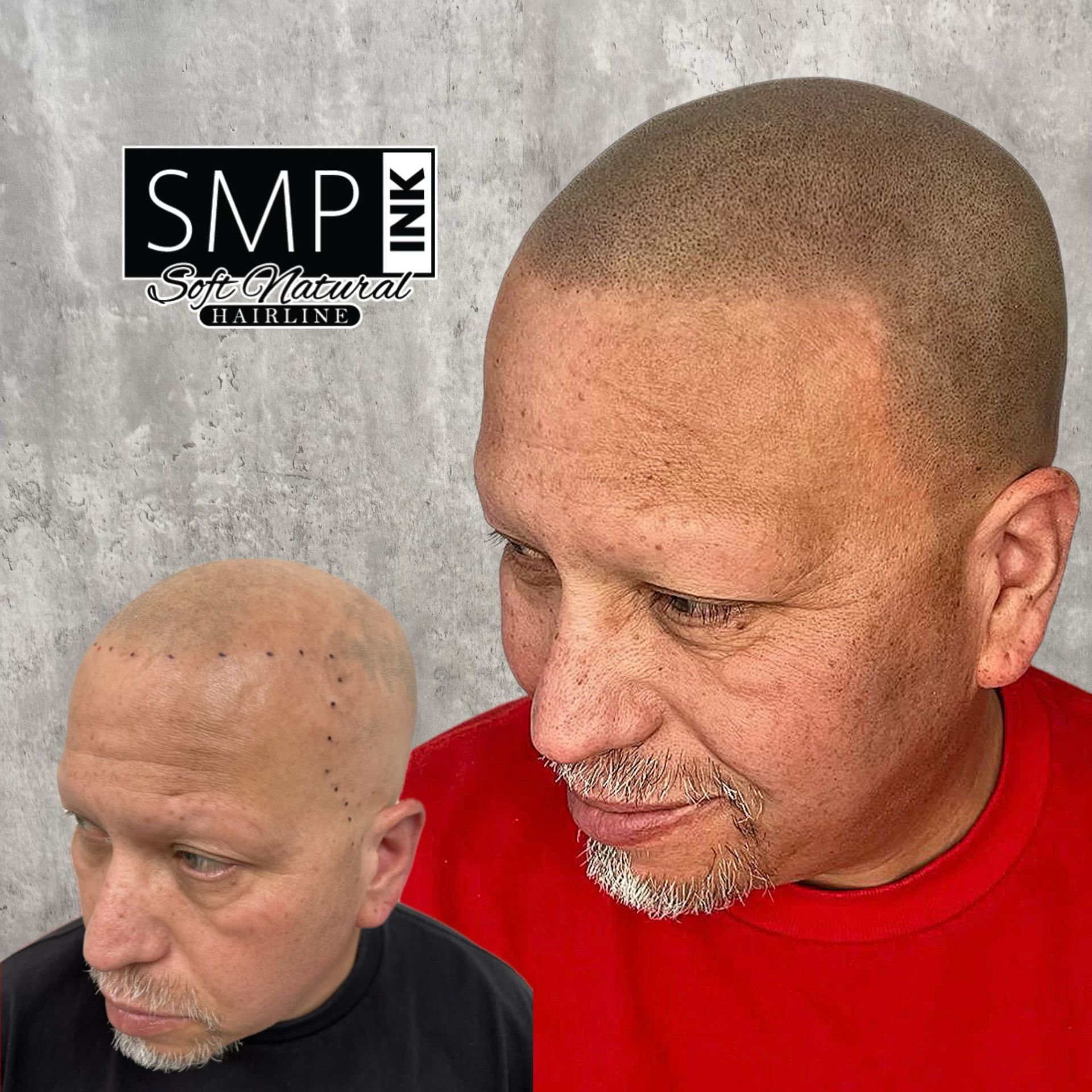 A man with a shaved head is wearing a red shirt