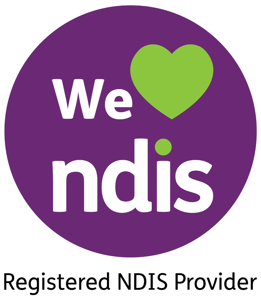 A purple circle with the words `` we heart ndis '' and a green heart in the middle.