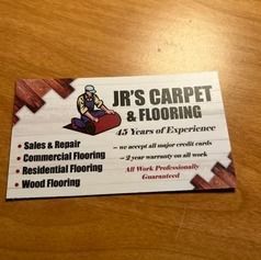 Business card for JR's Carpet & Flooring. Shows a worker, services offered, and 45 years of experience.